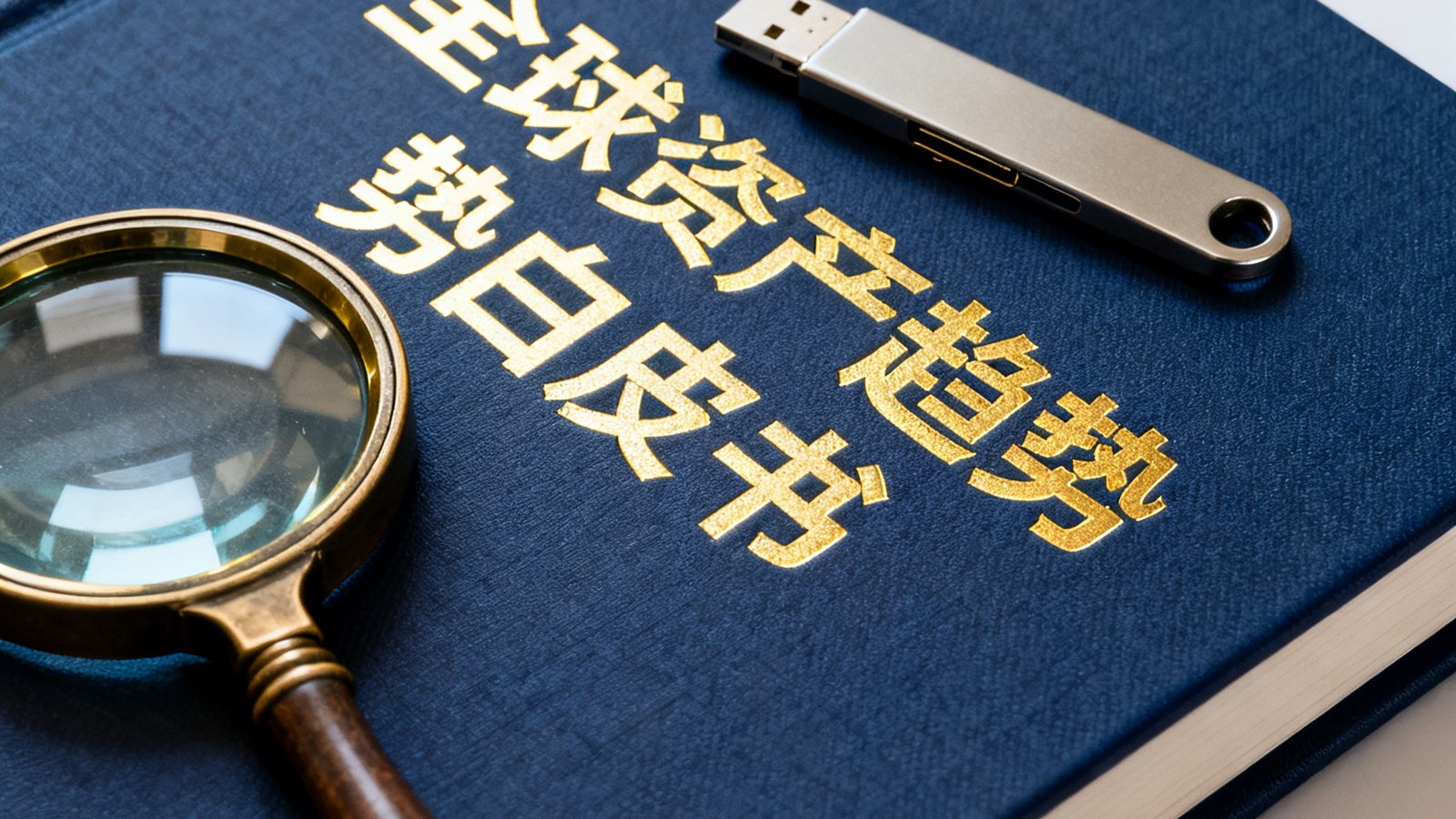 精装版全球资产趋势白皮书封面，深蓝色硬壳配烫金字体，旁边放置数据分析U盘和复古放大镜